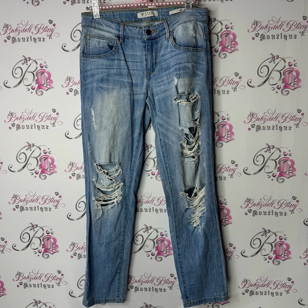 Guess jeans Tom boy ripped Blue Boyfriend Distressed Jeans